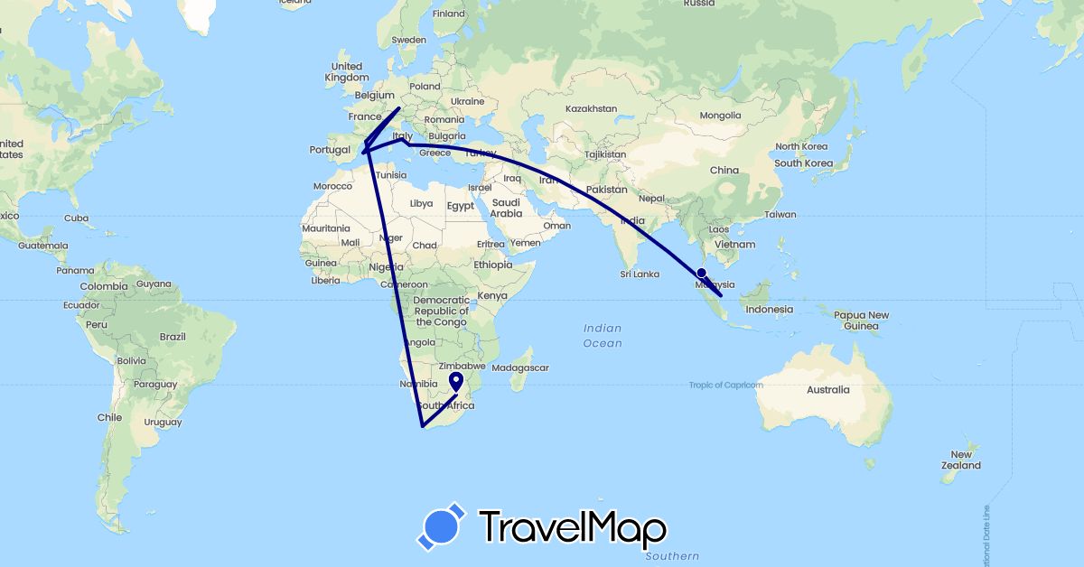 TravelMap itinerary: driving in Germany, Spain, Italy, Singapore, Thailand, South Africa (Africa, Asia, Europe)